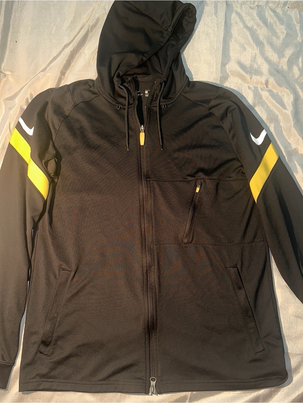 Nike Black Dri-fit Hooded Full-Zip Performance Jacket with Yellow Stripes